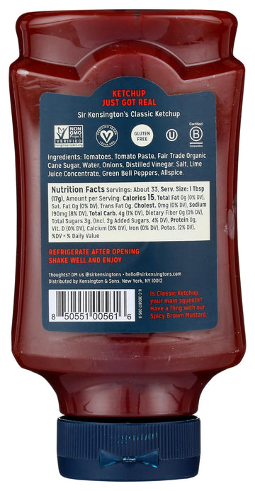 Sir Kensington'S Classic Ketchup, From Whole Tomatoes, No High Fructose Corn Syrup, Gluten Free, Certified Vegan, Non- Gmo Proje