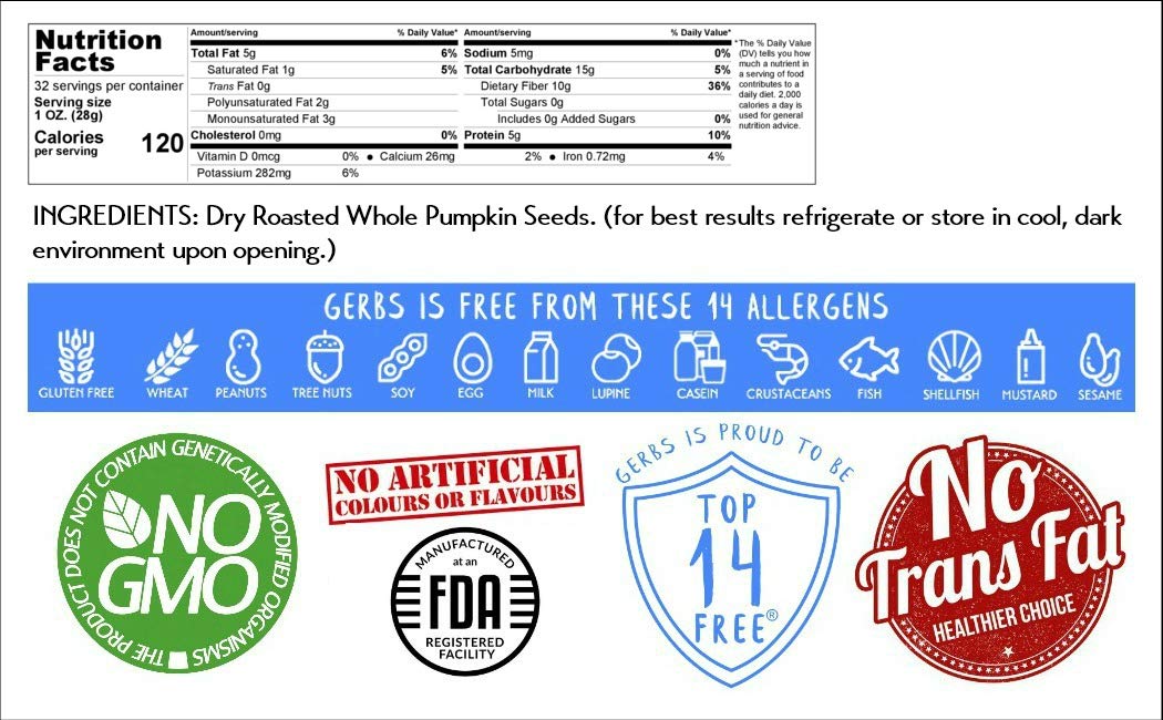 Pumpkin Seeds In-Shell (Whole) Roasted & Unsalted By Gerbs - 2 Lbs Premium Grade Aa Pepitas - Top 10 Food Allergen Free - Vegan & Kosher - Seed Country Of Origin Usa - Made In Rhode Island