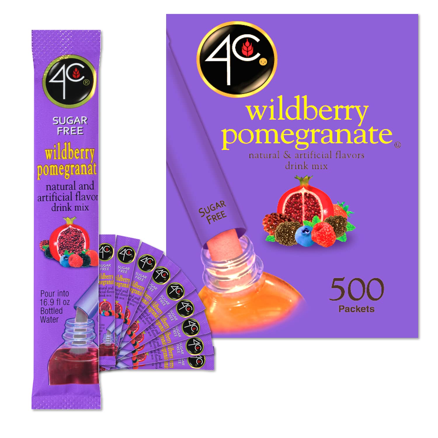 4C Powder Drink Stix, Wildberry Pomegranate 500 Count, Bulk Buy, Singles Stix, On The Go, Refreshing Water Flavorings, Value Pack