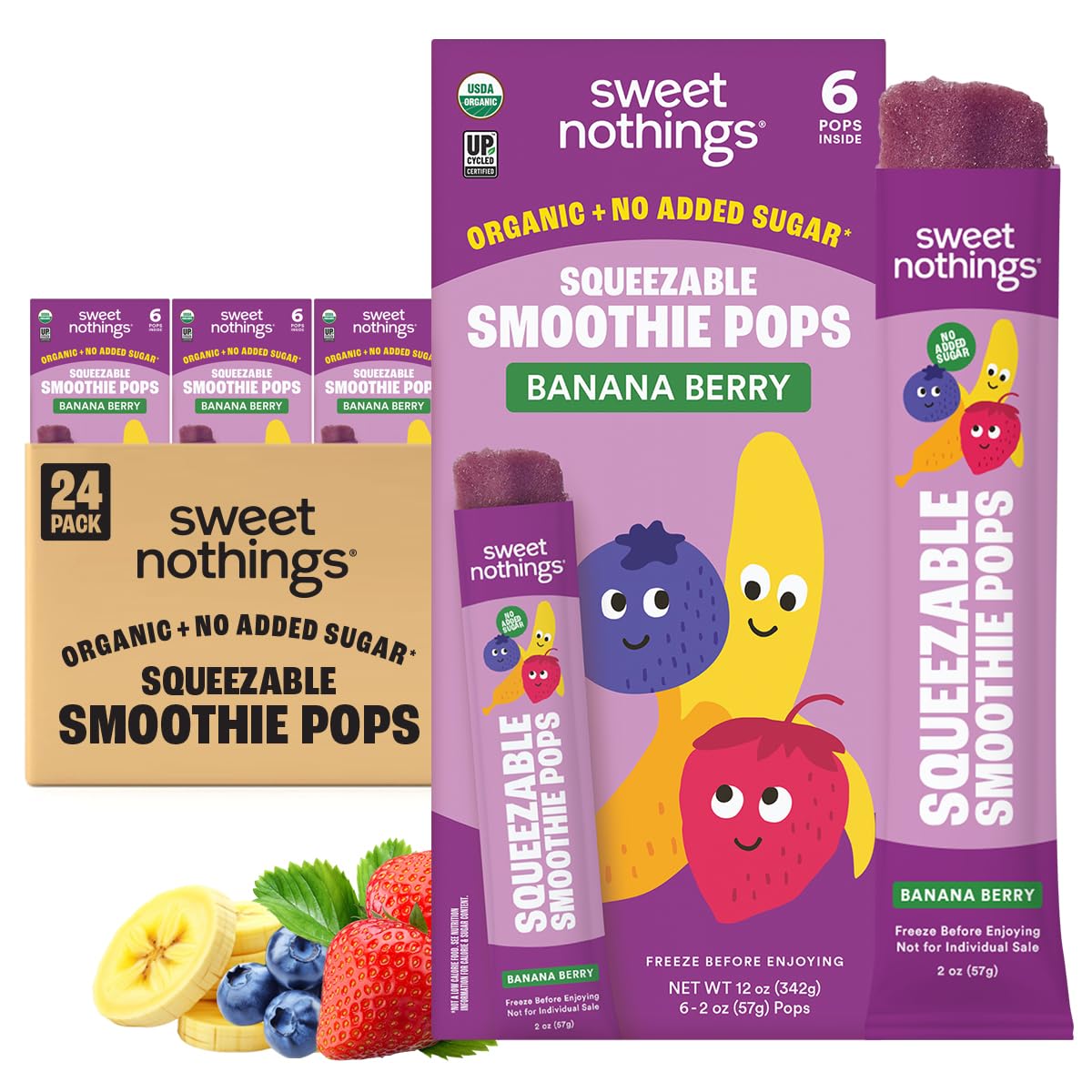 Sweet Nothings Banana Berry Organic Squeezable Smoothie Pops, 24 Pack, 2 Ounce, Dye-Free, No Added Sugar, Dairy-Free, Vegan
