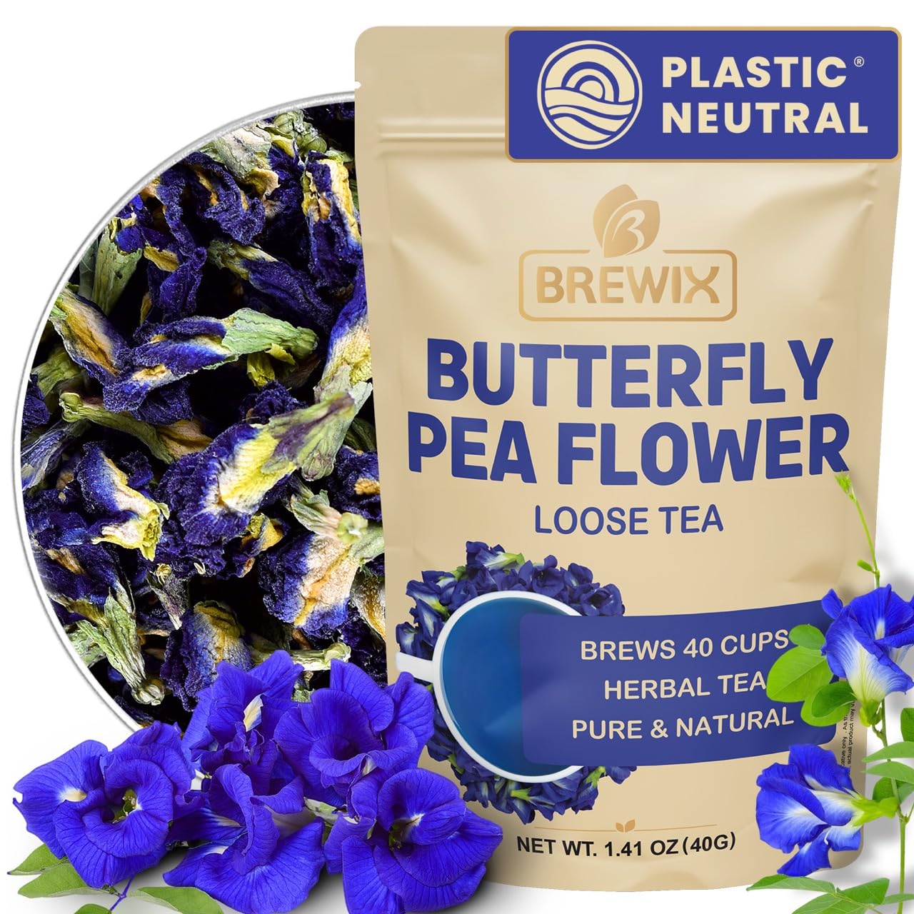 Brewix Butterfly Pea Flower Herbal Tea Loose Leaf (40+ Cups 1.41Oz/40G) | Energy Blend Free | Top-Grade Dried Butterfly Pea Flowers For Blue & Purple Drinks Food Coloring