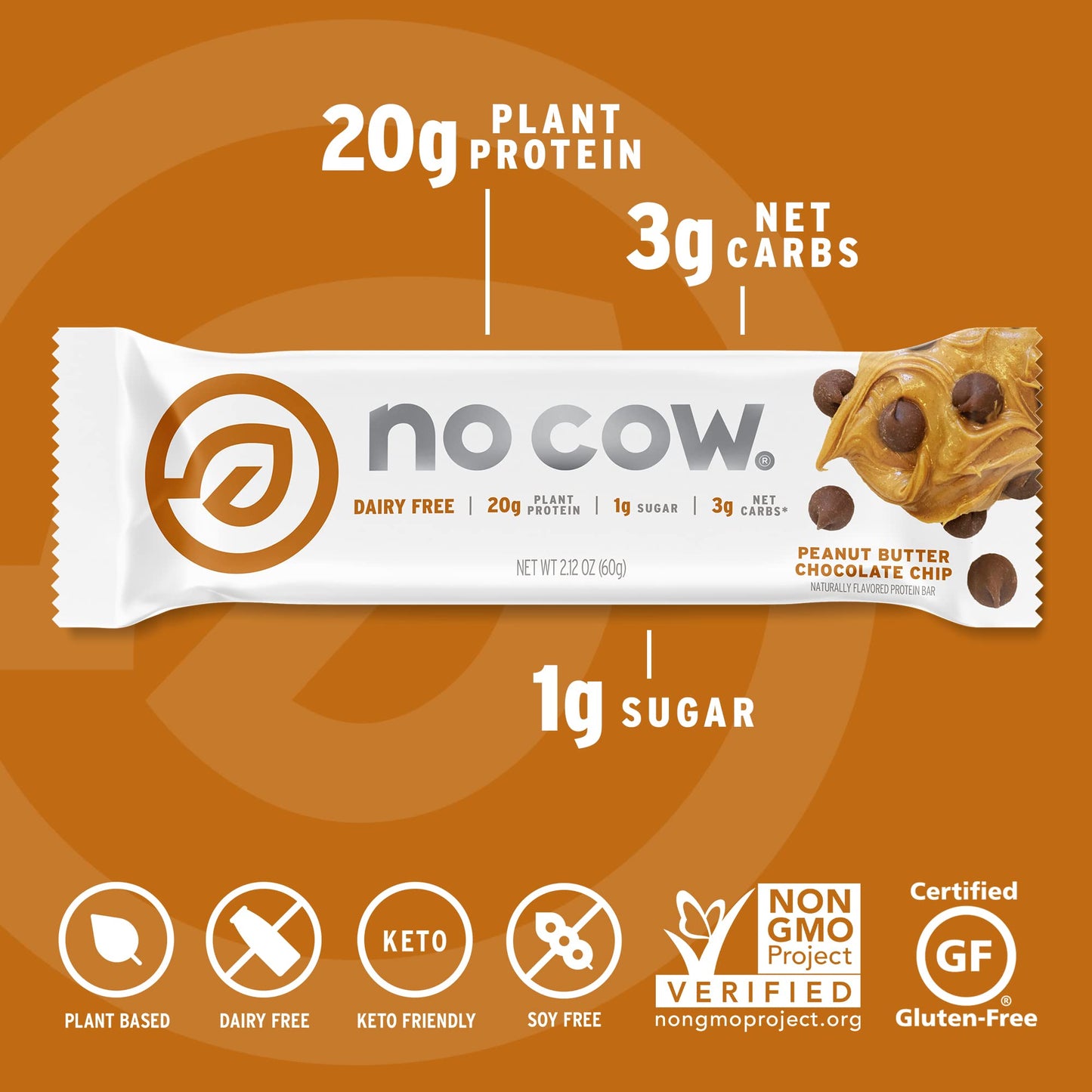 No Cow High Protein Bars, Peanut Butter Chocolate Chip - Healthy Snacks, 20g Vegan Protein, High Fiber, Low Sugar, Dairy & Glute