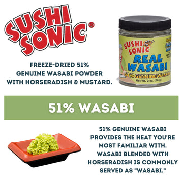 Sushi Sonic 51% Real Wasabi Powder, for Sushi, Sashimi, Snack Topping, No Dyes or Fillers, 2 oz jar