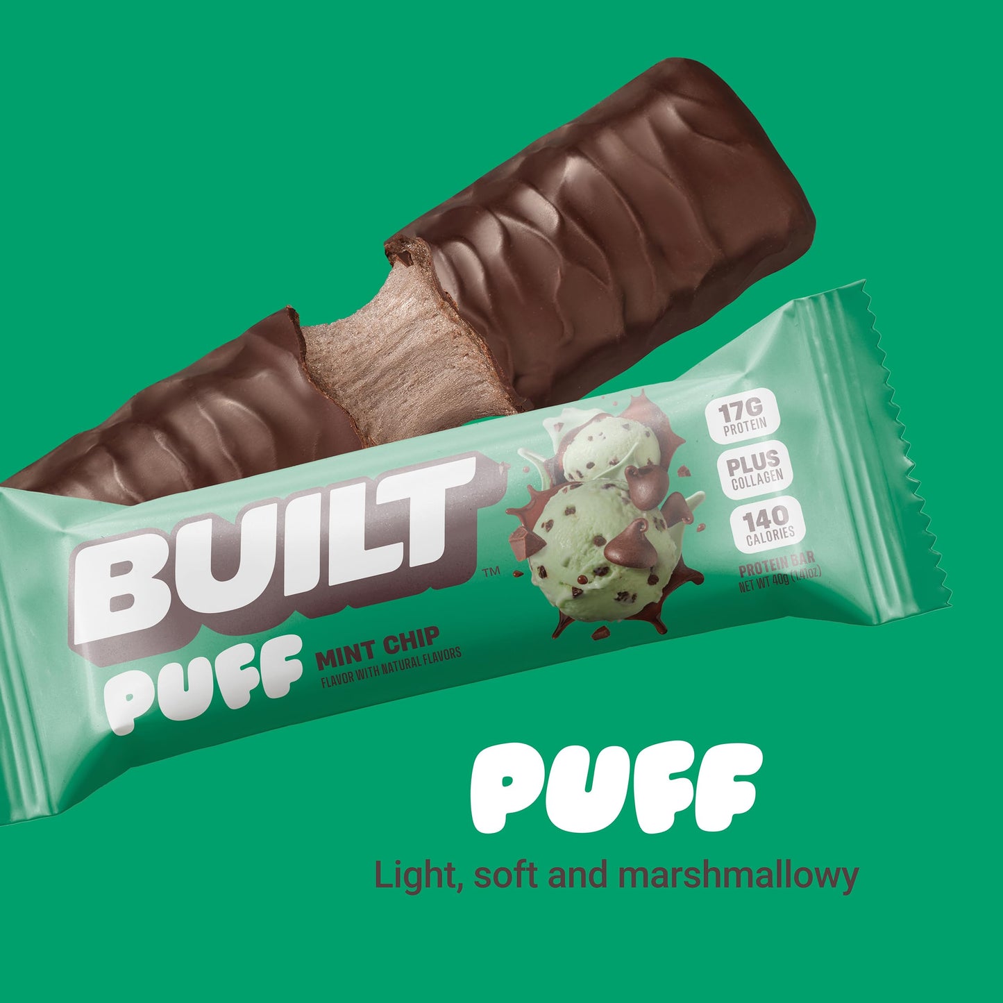 Built Bar, Puff Protein Bars, Mint Chip Puff, 17g Protein Snacks, On-The-Go Bars, Only 140 Calories, 6g Sugar, Collagen, Gluten