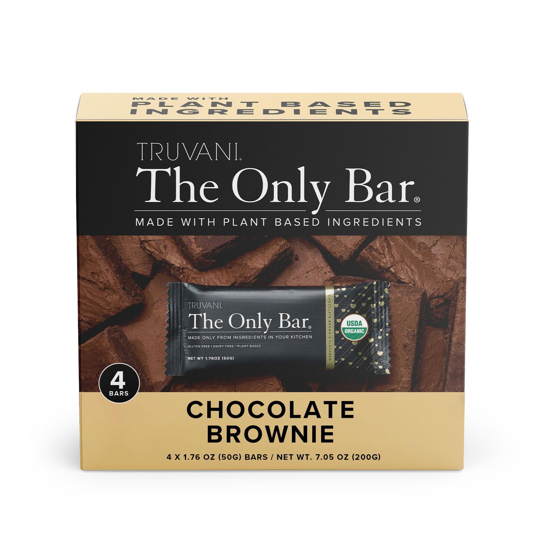 Truvani Plant Based Snack Bars | Chocolate Brownie 4 Pack | 7g Protein | USDA Organic and Vegan | The Only Bar | Dairy, Soy, and