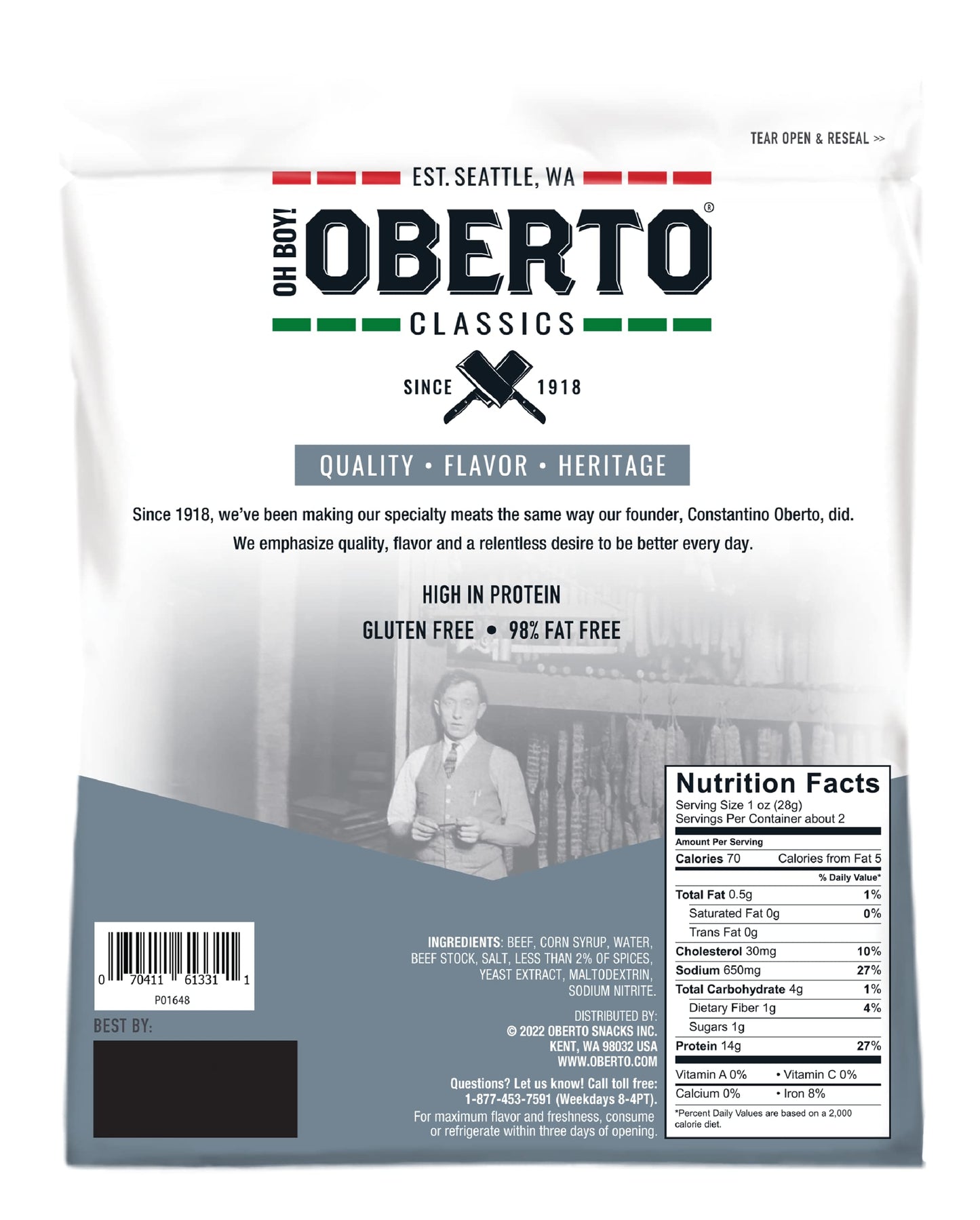 Oberto Classics Thin Style Peppered Beef Jerky, 2.2 Ounce (Pack of 8) - High-Protein Snack, Perfect for On-the-Go Enjoyment