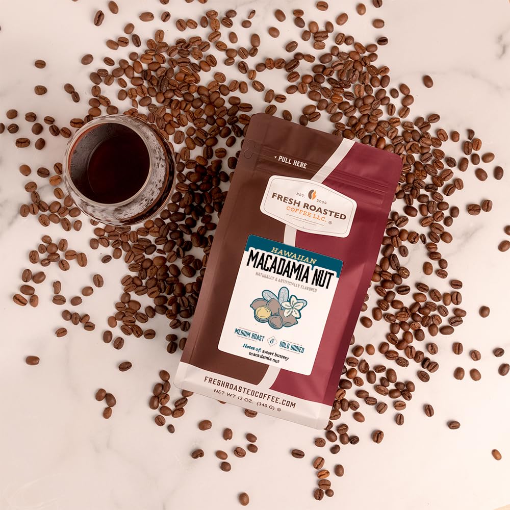 Fresh Roasted Coffee Hawaiian Macadamia Nut Flavored Whole Bean Coffee, Medium Roast, 12 oz