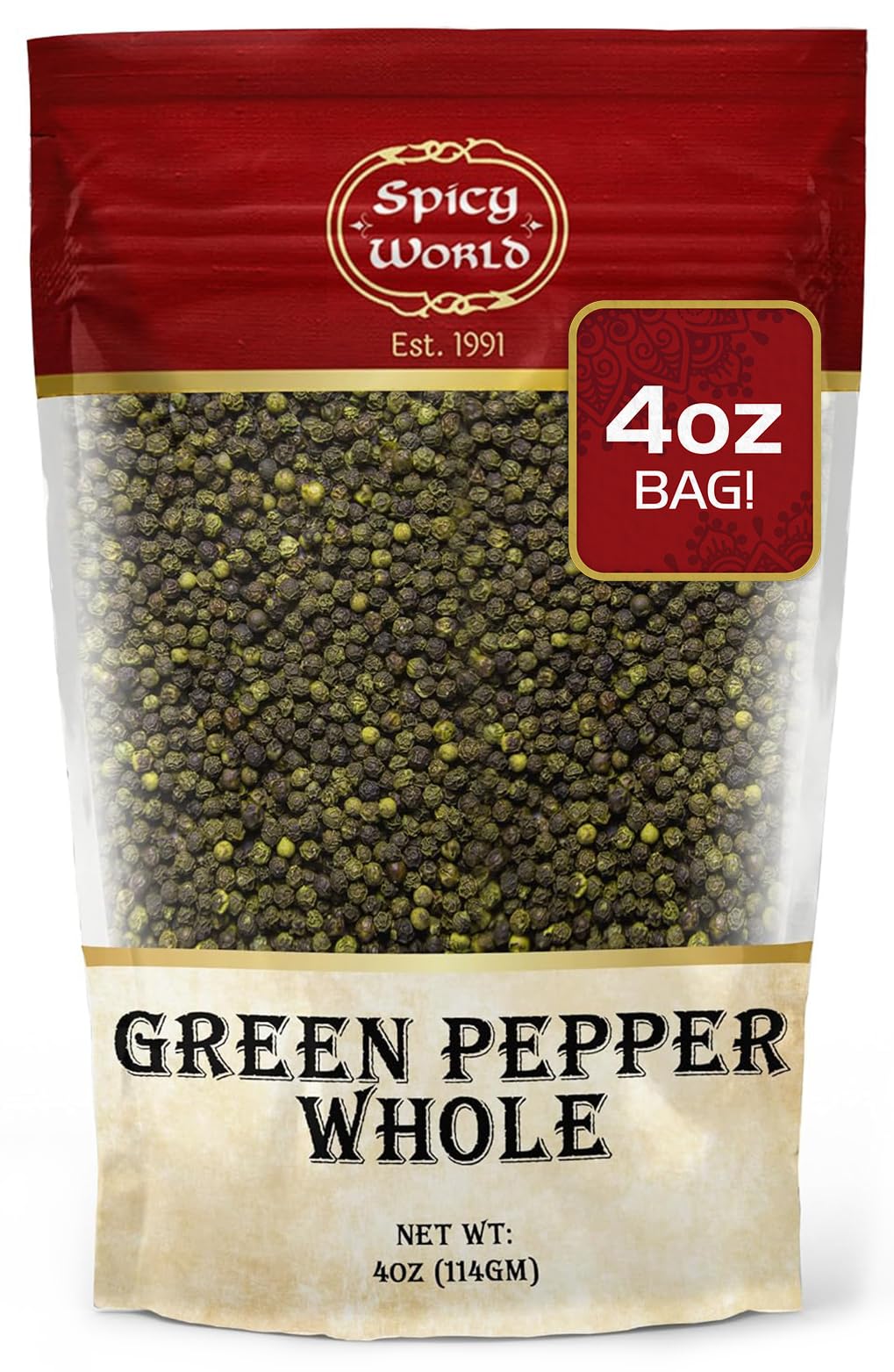 Spicy World Whole Green Peppercorns 4 Oz Bag - Steam Sterilized & All Natural