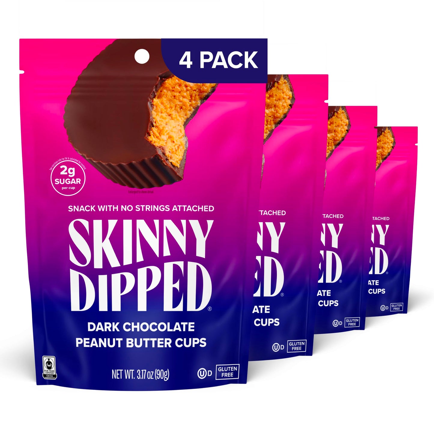 SkinnyDipped Dark Chocolate Peanut Butter Cups, 2g Sugar per Cup, Keto Friendly, Low Carb, Gluten Free, 3.2oz, 4 Pack (24 Cups T