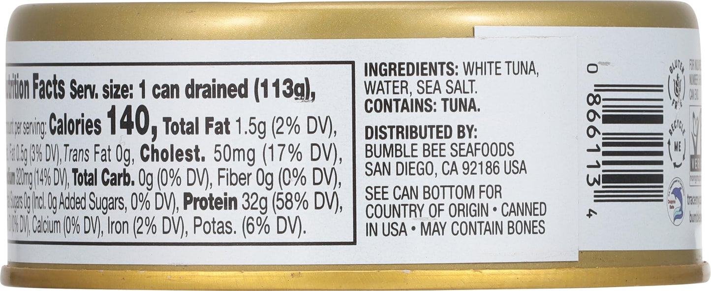 Bumble Bee Prime Solid White Albacore Tuna in Water, 5 oz Cans (Pack of 4) - Premium Wild Caught Tuna - 32g Protein per Serving