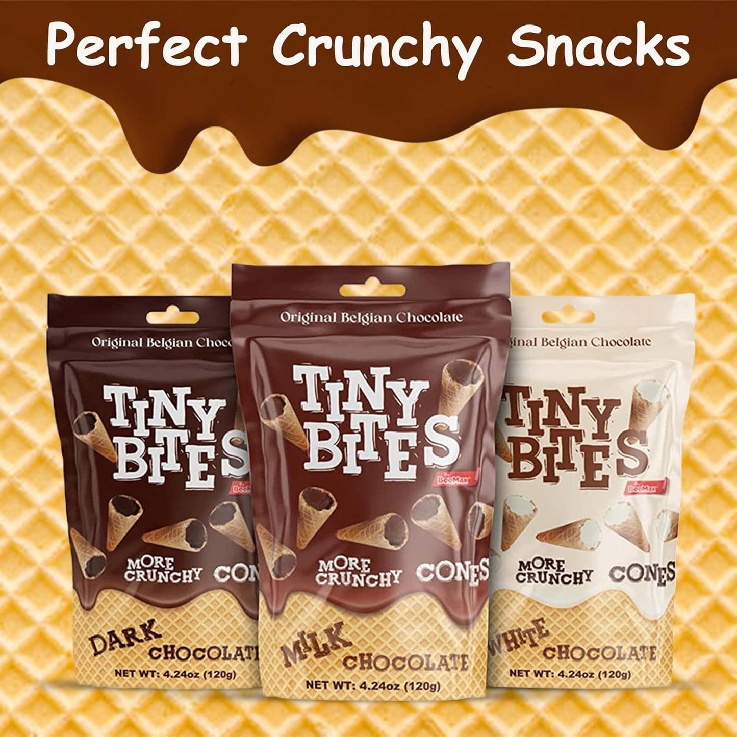 BEEMAX Tiny Bites Mini Waffle Cones - Premium Belgian Chocolate, 4.24 oz (2 Pack) - Perfect Snack or Ice Cream Topping