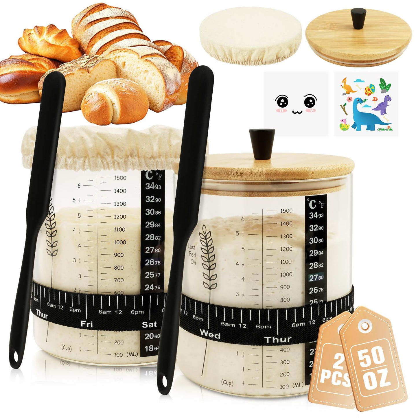 Rakovar 50Oz Sourdough Starter Jar Wide Mouth Sourdough Jar Large Capacity Sourdough Starter Kit With Lid Band Date Tracker Temp Sourdough Bread Starter Kit For Perfect Sour Dough(2 Pack)