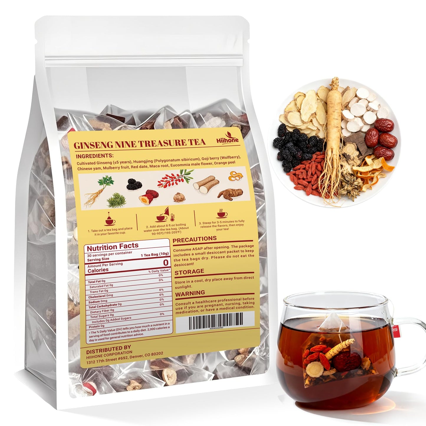Kidney Tea Formula Flavor Blendseng Six Treasure Tea Traditional Chinese Herbal Tea Bags Flavor Blendseng Five Treasures Tea For Men &Women 9 Precious Ingredients Formula (30 Bags/1 Pack)