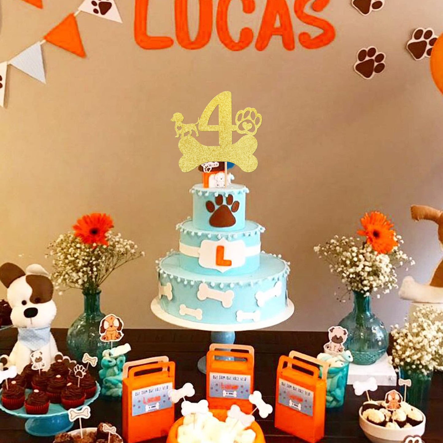 1 Pcs 4Th Birthday Cake Topper With Gold Glitter Dog Bone Four Years Old Birthday Cake Pick Puppy Dog Paw Cake Decorations For L