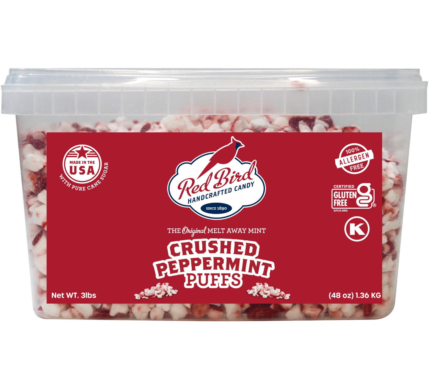 Red Bird Crushed Peppermint Puffs No High-Fructose Corn Syrup Soft Crushed Peppermint Candy Topping For Baking Ice Cream & Drinks 3 Lb Tub