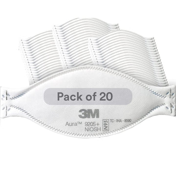 3M Aura Particulate Respirator 9205+, N95, Pack Of 20 Disposable Respirators, Individually Wrapped, 3 Panel Flat Fold Design Allows For Facial Movements, Comfortable, Niosh Approved, Smoke