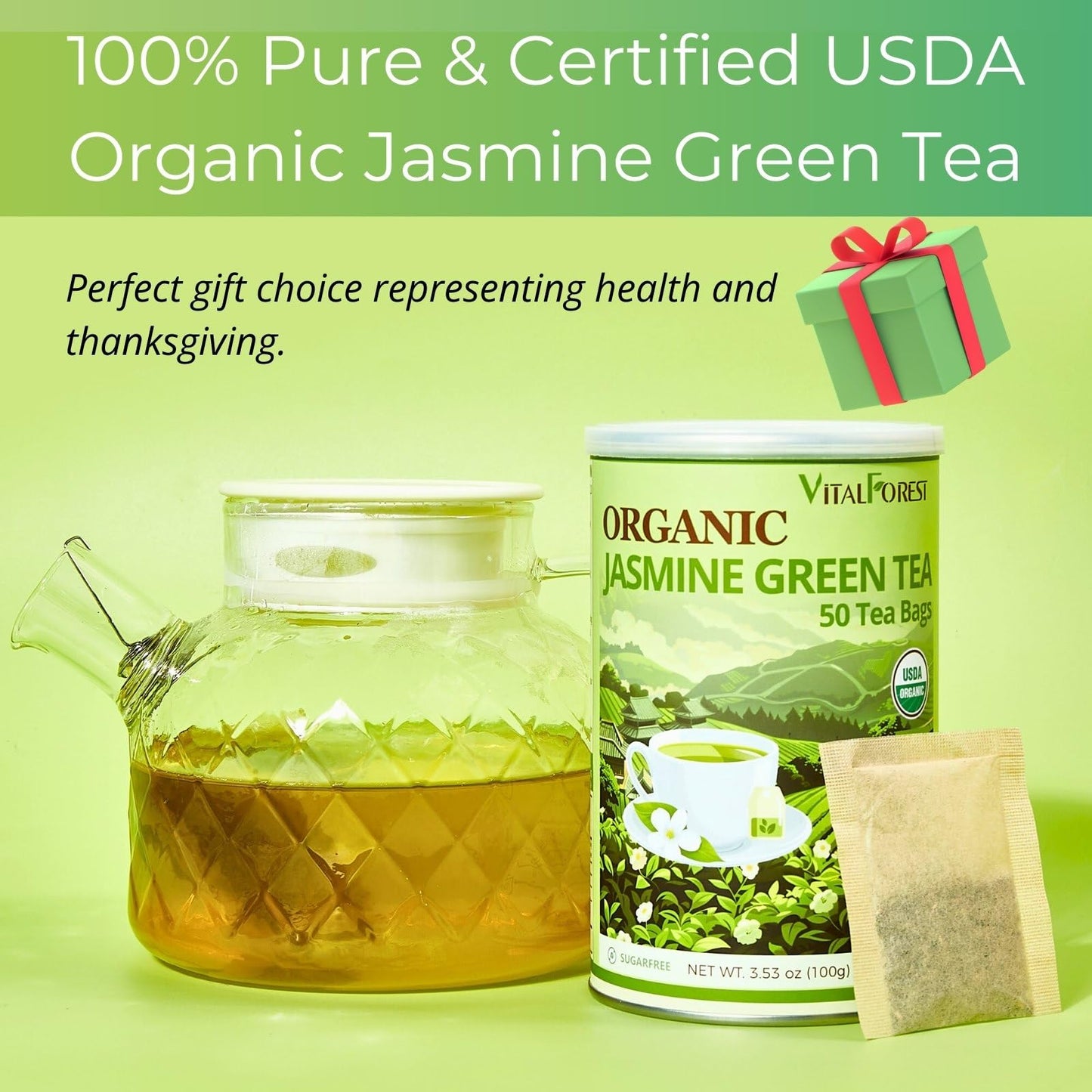 Organic Jasmine Green Tea Bags| 50 Count Unbleached Eco-Conscious Jasmine Tea Bags| Vitalforest Te Verde Organico Natural Green