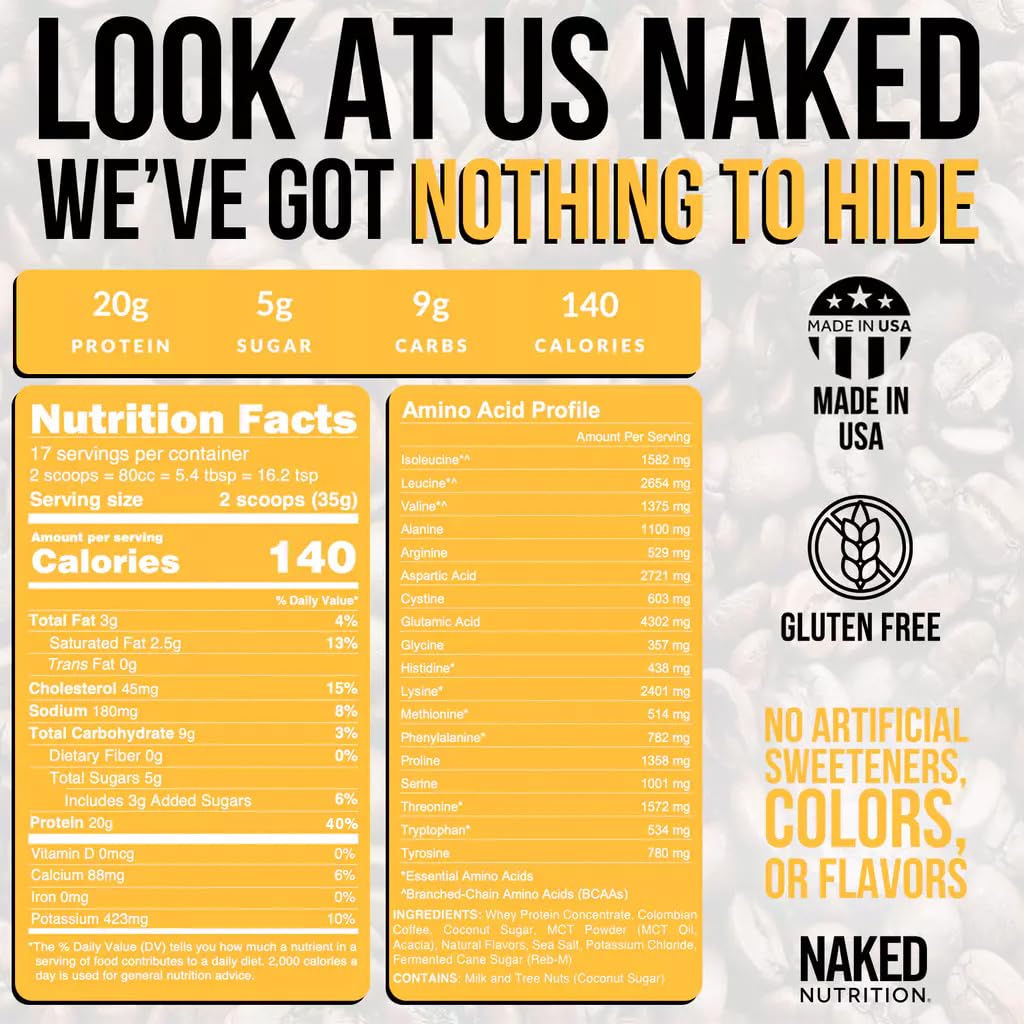 Naked Nutrition Vanilla Latte Protein Coffee - Instant Protein Shake, 17 Servings, Keto Friendly, Gluten Free