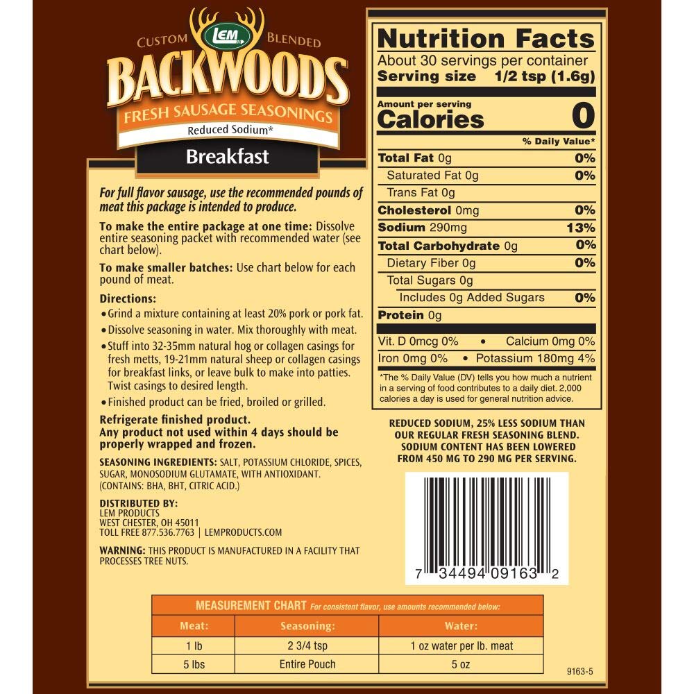 Lem Products Backwoods Reduced Sodium Breakfast Fresh Sausage Seasoning, Ideal For Wild Game And Domestic Meat, Seasons Up To 5 Pounds Of Meat, 1.6 Ounce Packet