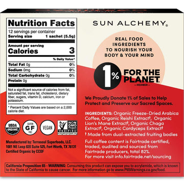 Sun Alchemy Mushroom Coffee, Energize with Organic Fair-Trade Coffee, Lions Mane, Reishi, Chaga & Cordyceps Mushrooms - 12 Sache