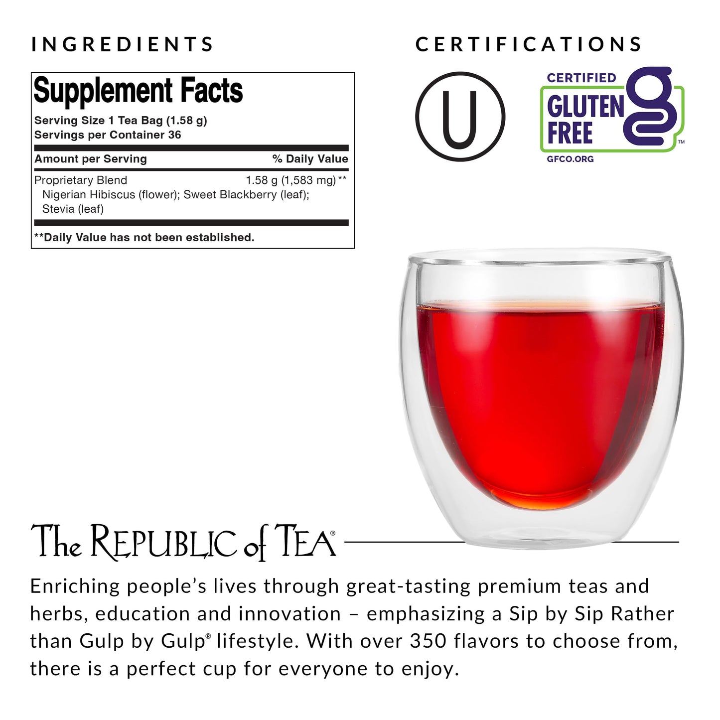 The Republic of Tea Natural Hibiscus SuperFlower Tea - 36 Tea Bags - Red - Model mp-40440