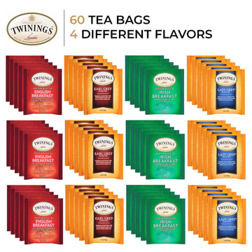 Twinings Black Tea Variety Pack With Earl Grey Tea, English Breakfast Tea, Irish Breakfast Tea, And Lady Grey Tea Bags, Individually Wrapped, 20 Count Ea (Pack Of 3)