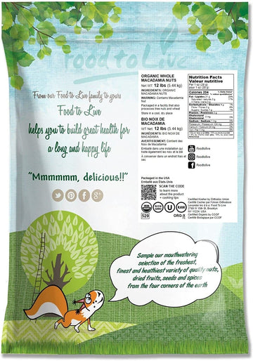 Food to Live Organic Whole Macadamia Nuts, 12 Pounds - Non-GMO, Raw, Shelled, Unsalted, Kosher, Vegan, Bulk. Keto Snack. Buttery