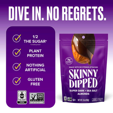SkinnyDipped Super Dark Chocolate + Sea Salt Almonds, Vegan, Healthy Snack, Plant Protein, Gluten Free, 3.5 oz Resealable Bags,