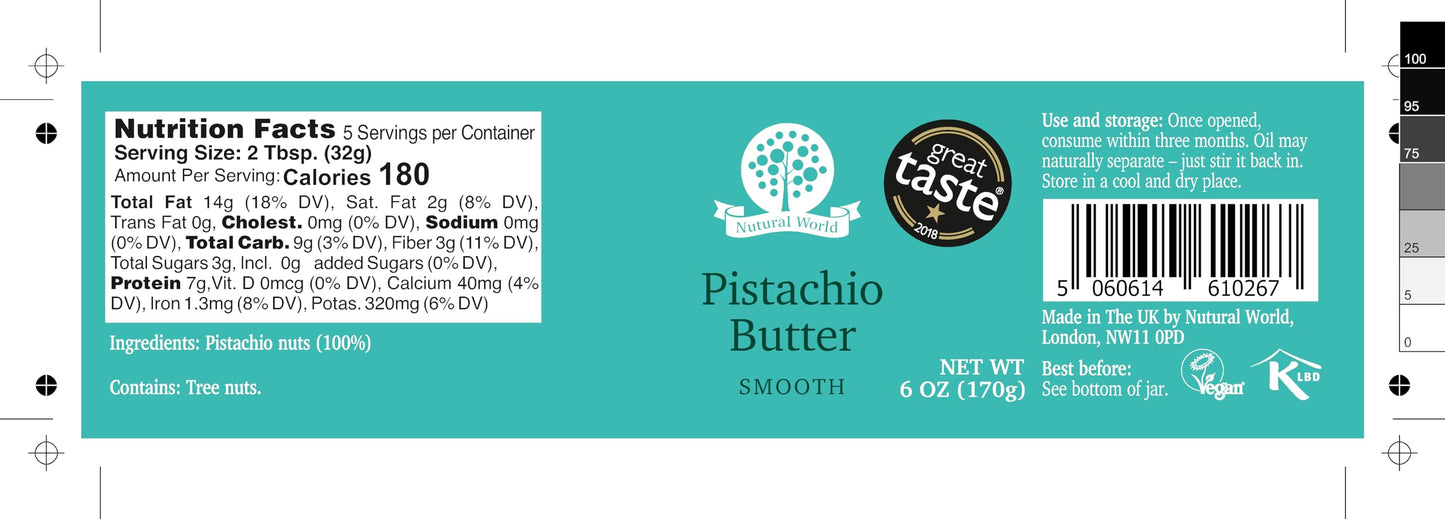 Nutural World - Smooth Pistachio Butter 6 Oz (170G) - 100% Pure Single Ingredient - Great Taste Award Winner