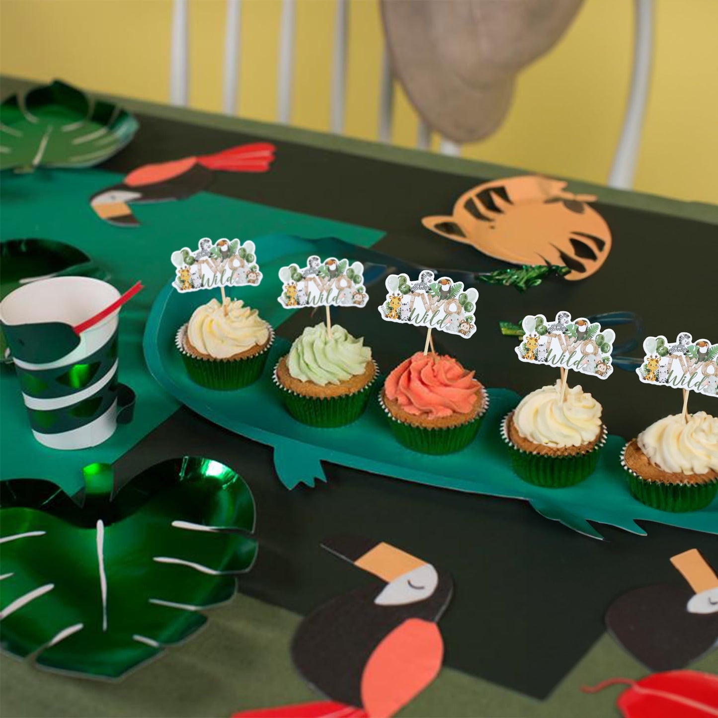 Gyufise Jungle Animal Cupcake Toppers, 36 Pcs, Green Paper Picks for 2nd Birthday and Baby Shower Decorations