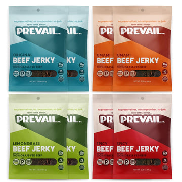 Grass Fed Beef Jerky Variety Pack, by PREVAIL - Low Sodium and Gluten Free! | Umami, Spicy, Lemongrass, and Original - Pack of (