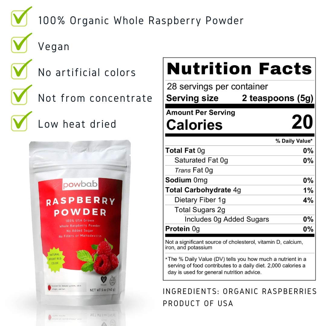 powbab Raspberry Powder - Organic Dehydrated Fruit for Baking, 5 oz, No Added Sugar, USA Grown
