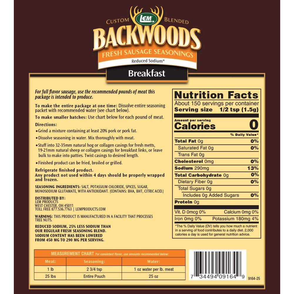 Lem Products Backwoods Reduced Sodium Breakfast Fresh Sausage Seasoning, Ideal For Wild Game And Domestic Meat, Seasons Up To 25 Pounds Of Meat, 8 Ounce Packet