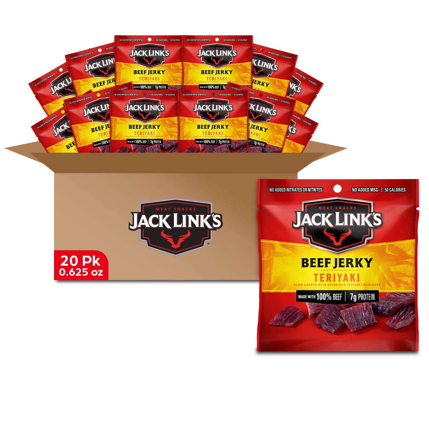 Jack LinkS Beef Jerky Teriyaki Multipack Bags - Flavorful Meat Snack For Lunches Ready To Eat - 7G Of Protein Made With Top-Grade Beef No Added Msg** - 0.625 Oz (Pack Of 20)