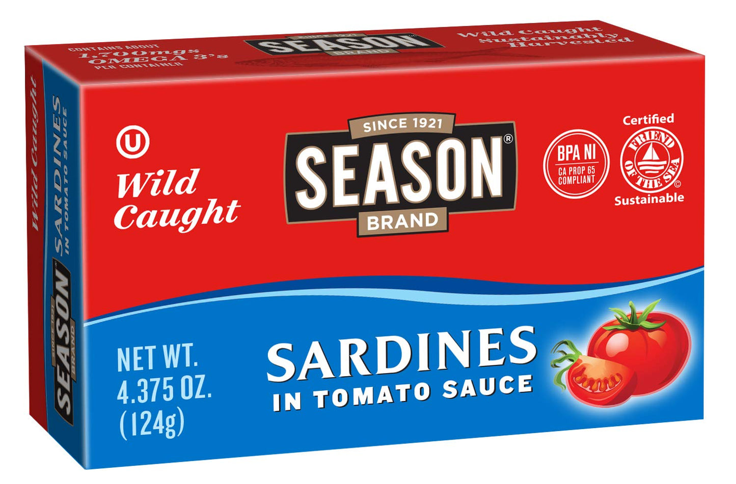 Season Sardines In Tomato Sauce - Wild Caught, 22G Of Protein, Keto Snacks, More Omega 3'S Than Tuna, Kosher, High In Calcium, Canned Sardines - 4.37 Oz Tins, 12-Pack