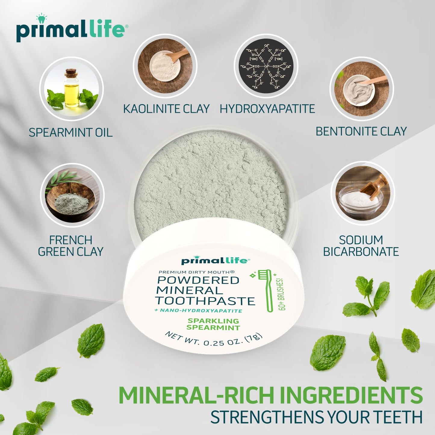 Primal Life Organics Dirty Mouth Toothpowder, 0.25oz, Vegan Spearmint, Natural Ingredients, Paleo Friendly, 60+ Brushings