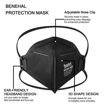 Benehal Niosh Approved N95 Face Masks Particulate Respirators, Pack Of 25 N95 Masks, Individually Wrapped, Black