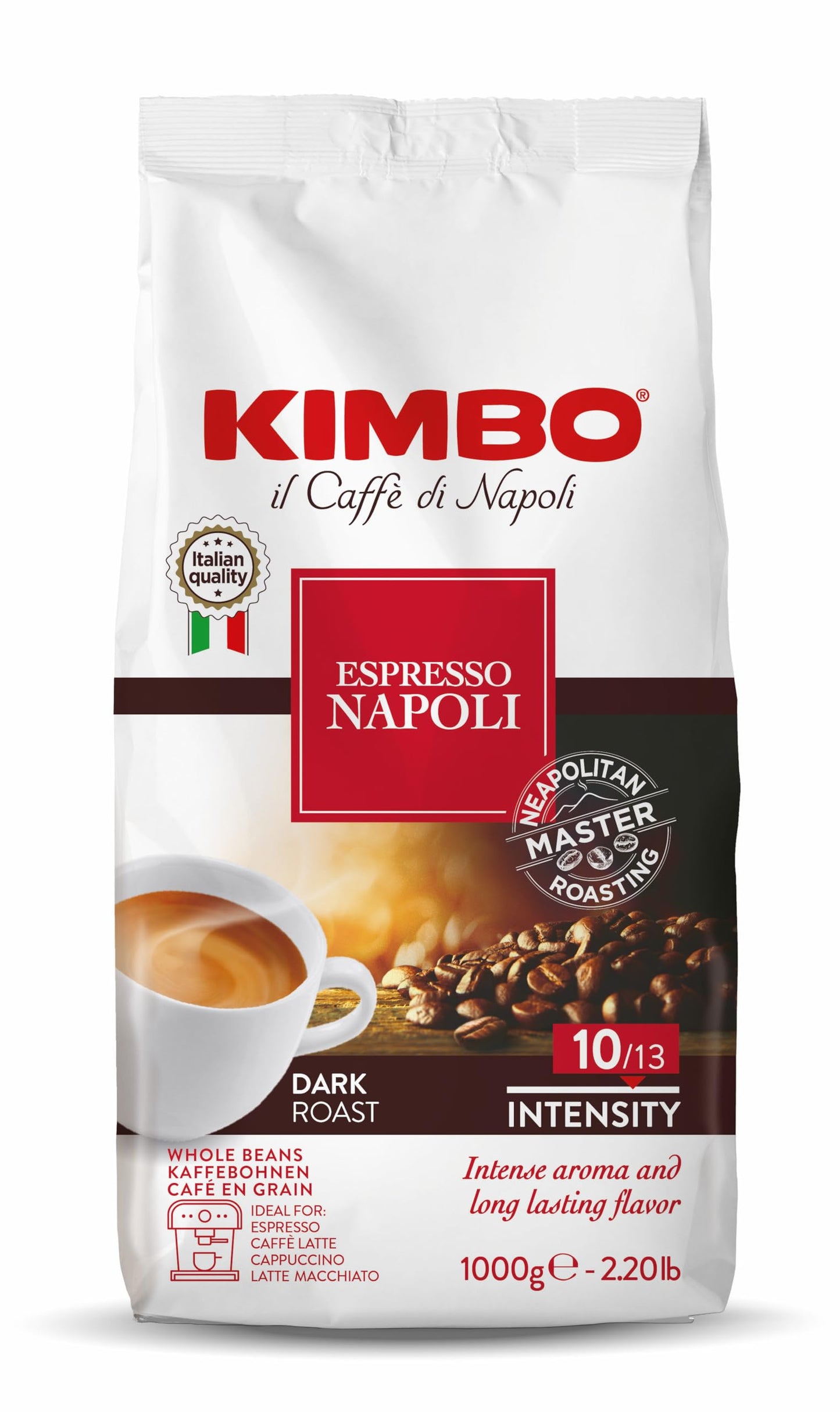 Kimbo Barista Espresso Napoli | Premium Selection | 10/13 Intensity | Whole Bean Coffee | Dark Roast | 2.2 Lbs (1Kg) Bag