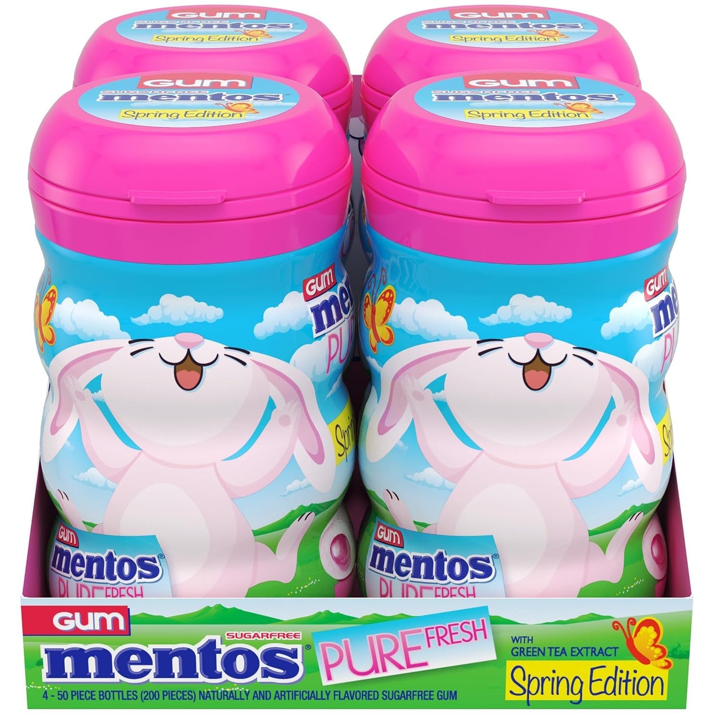Mentos Pure Fresh Spring Edition Sugar-Free Chewing Gum With Xylitol, Bubble Fresh Flavor, Easter, Bunny Bottle, 50 Piece Bottle