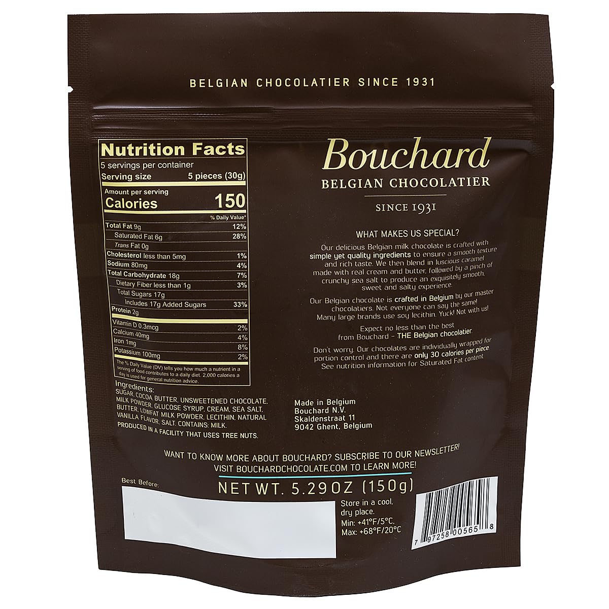 Bouchard Belgian Milk Chocolate With Caramel & Sea Salt (5.29 Oz / 150G)