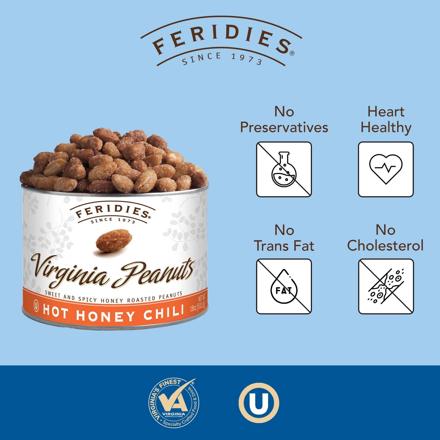 Feridies Extra Large Hot Honey Chili Virginia Peanuts, 18Oz Resealable Tin