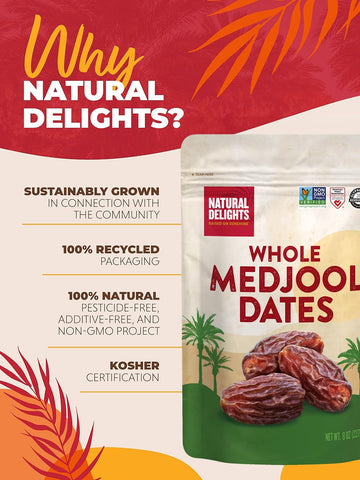 Natural Delights Medjool Dates – Non-GMO, Fiber-Rich Snack, 8 oz Container