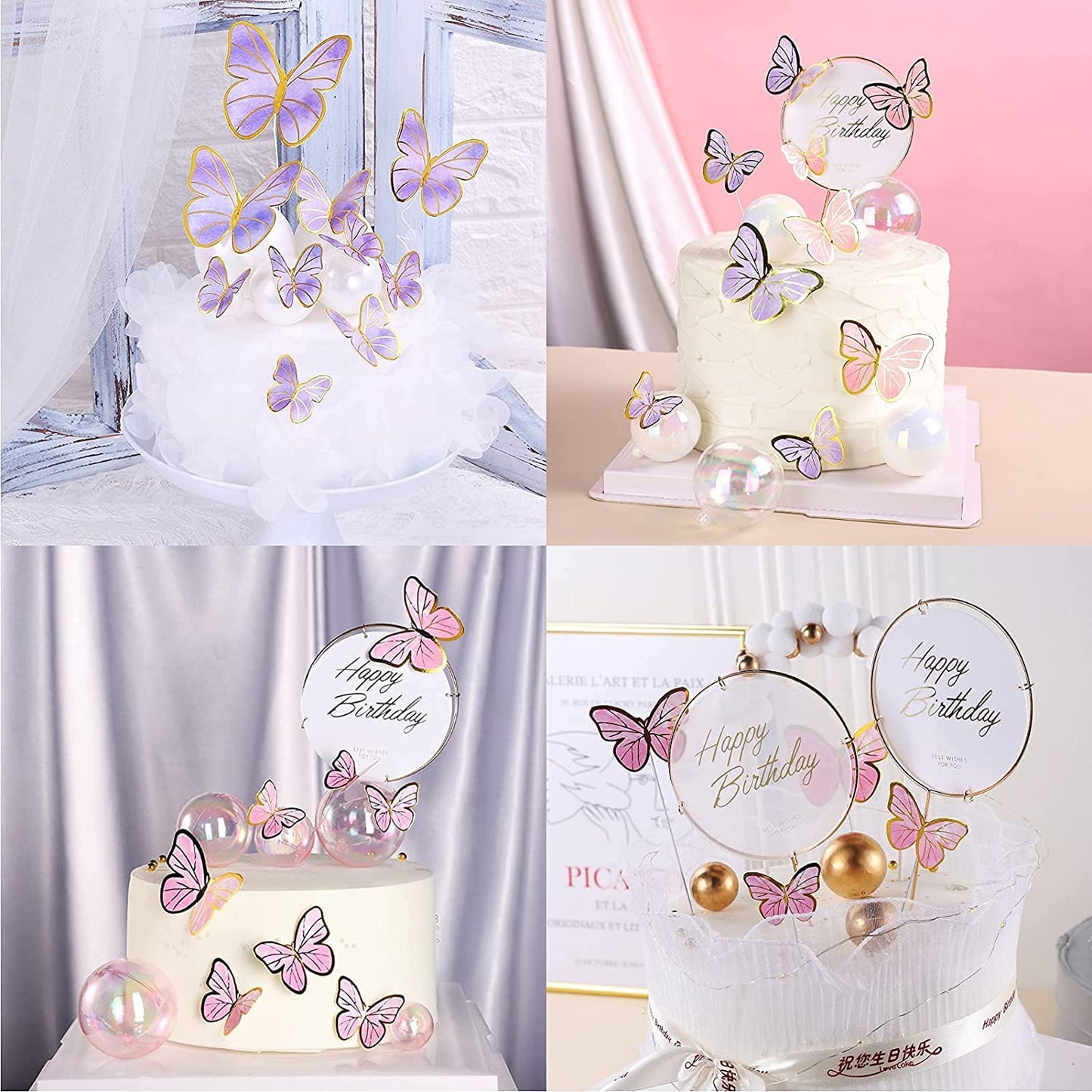 80Pcs Butterfly Cake Toppers Set Happy Birthday 3D Mixed Color Pink Purple Cupcake Picks Butterfly Cupcake Topper With Dot Glue