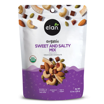 Elan Organic Sweet & Salty Mix, Non-GMO, Gluten-Free, Vegan, Kosher, Vegan Dark Chocolate, Dried Fruits (Raisins, Dates), Nuts (