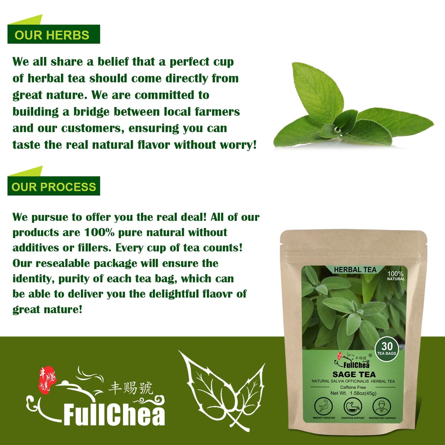 FullChea Sage Tea Bags, Premium Natural Cut & Sifted, Non-GMO, Caffeine-free, 30 Count (Pack of 1)