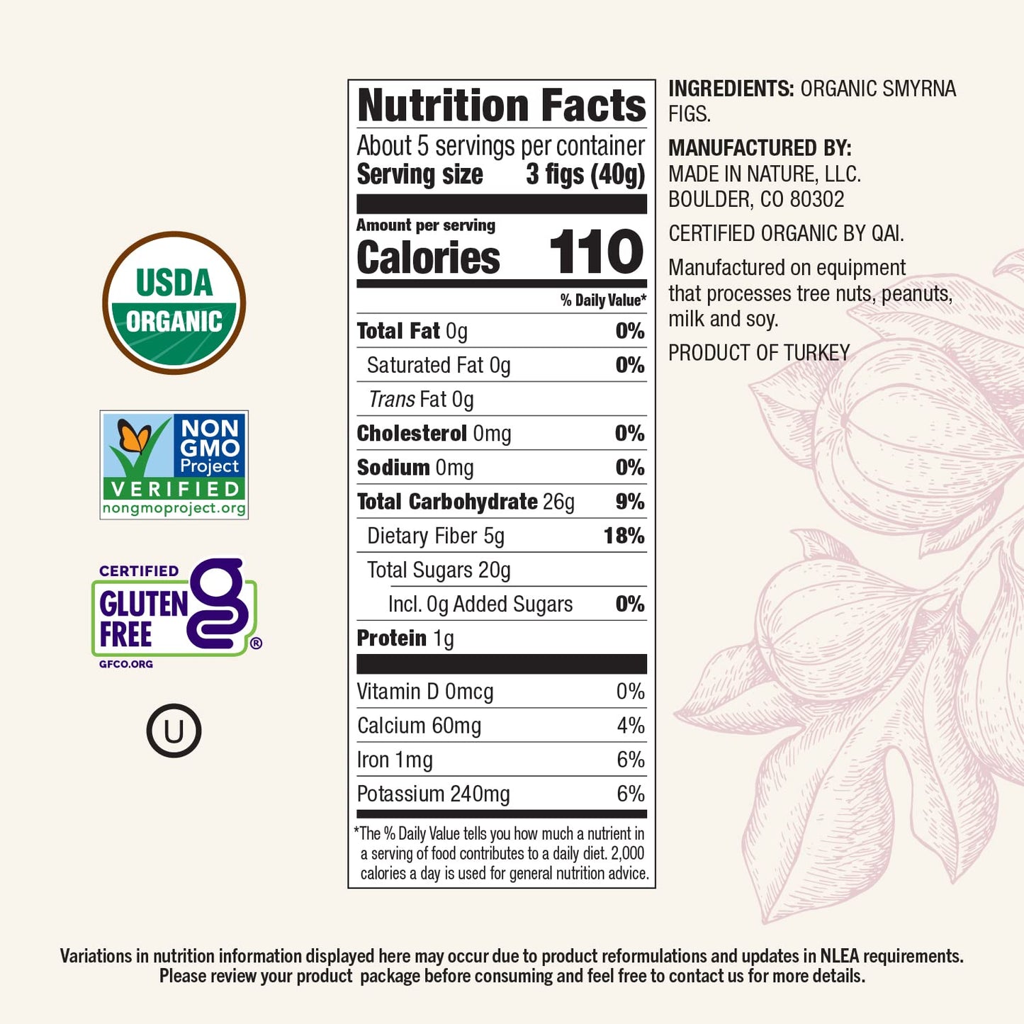 Made In Nature Organic Dried Fruit, Turkish Smyrna Figs, 7Oz Bags (6 Count) - Non-Gmo, Unsulfured Vegan Snack