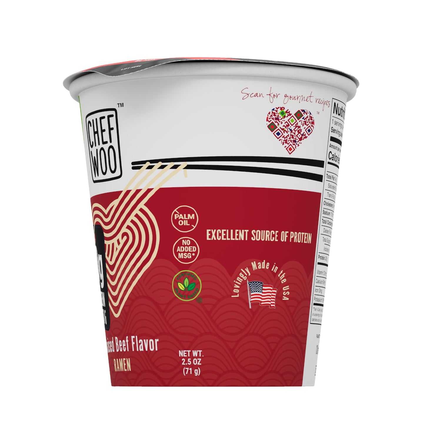 CHEF WOO Vegan Braised Beef Flavor Ramen Cup Noodles, 2.5 Oz (Pack of 12) | Halal, Kosher, Egg-Free, Dairy-Free Snacks