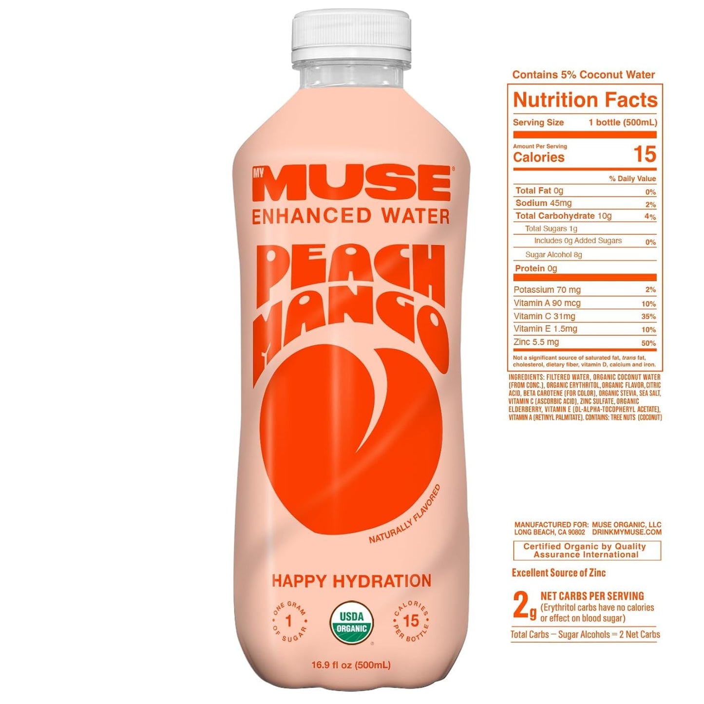 MyMuse Organic Enhanced Flavored Water, Peach Mango, 16.9oz Bottle (12 Pack), Zero Sugar Added, With Zinc, Vitamin A, C & E, Eld