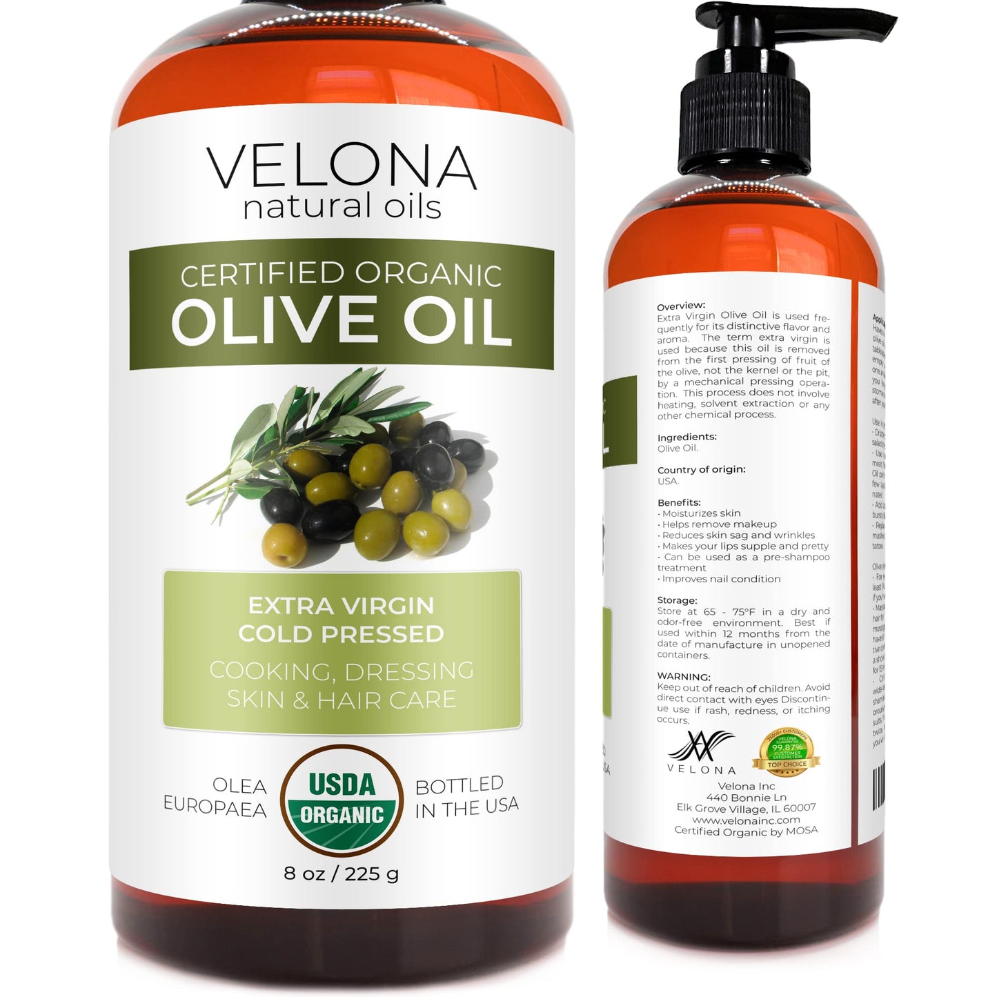Velona Usda Certified Organic Olive Oil - 8 Oz | 100% Pure And Natural Carrier Oil | Extra Virgin, Unrefined, Cold Pressed | Coo