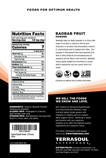 Terrasoul Superfoods Organic Baobab Fruit Powder, 12 Ounces